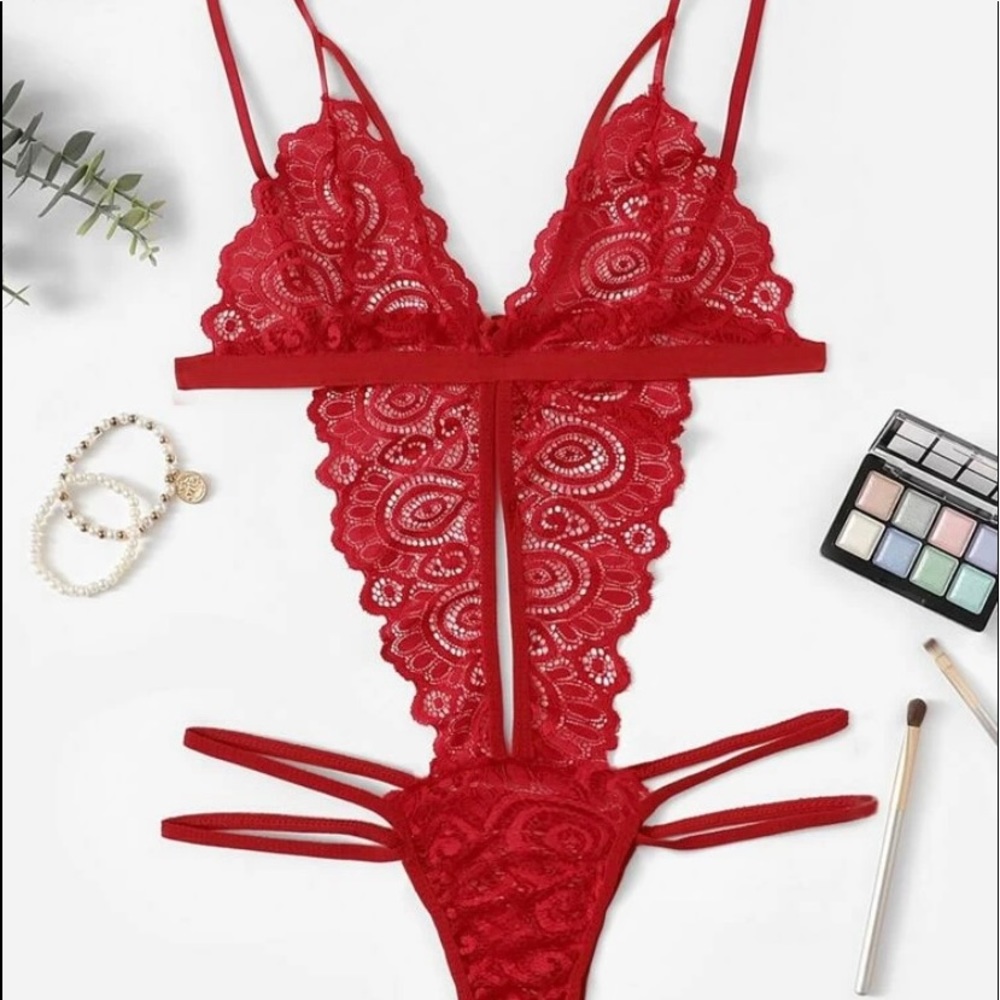Red lace strappy teddy bodysuit lingerie